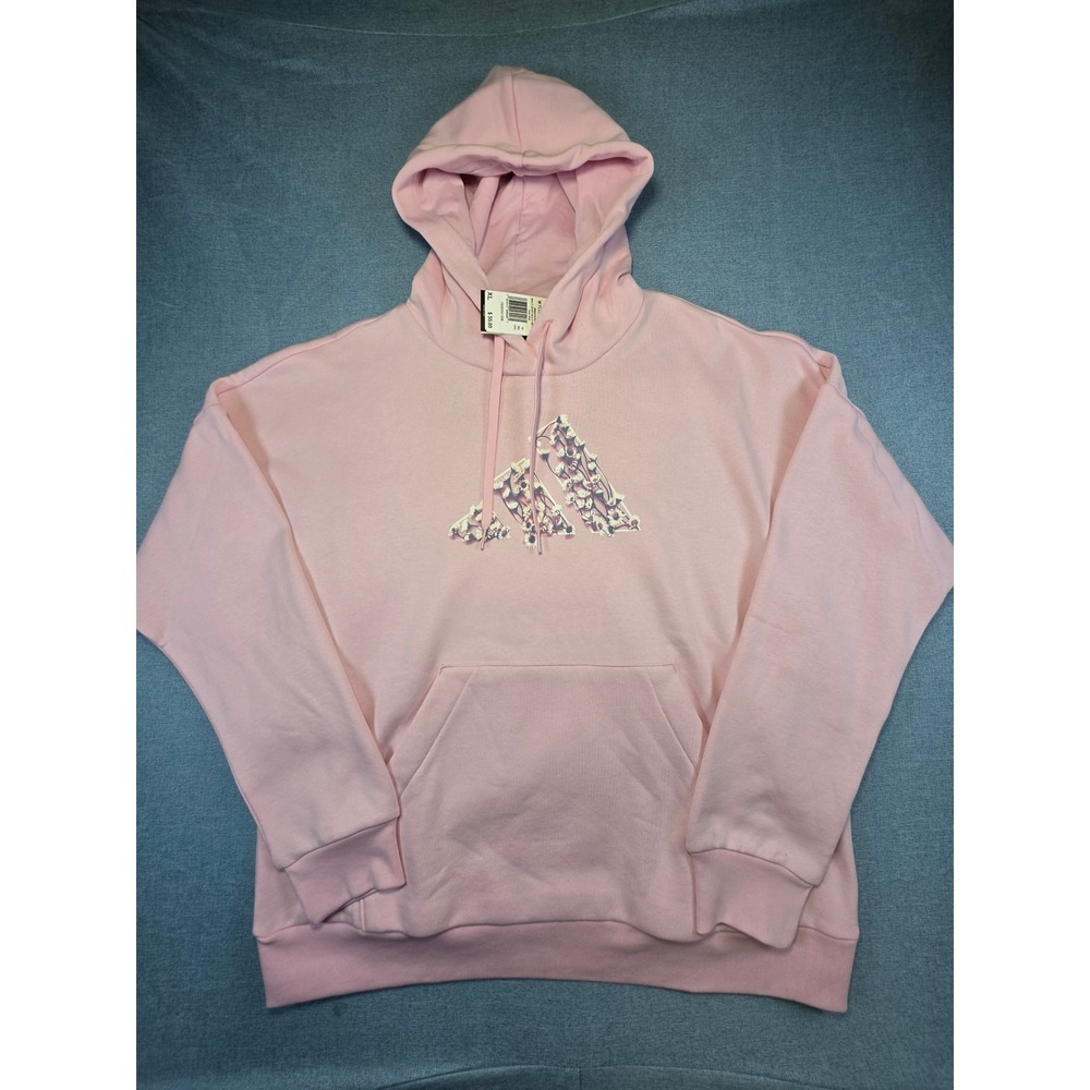 Adidas Womens Floral Logo Hoodie Clear Pink Fleece Sweatshirt XL, NWT